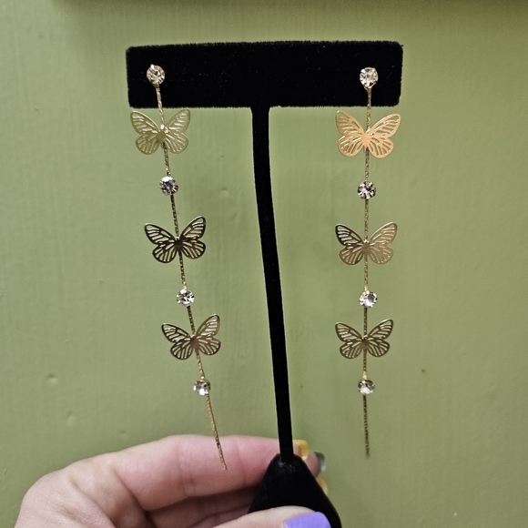Butterfly Filigree Earrings Rhinestone Accent Gold Tone Tassel Earrings - Picture 10 of 13